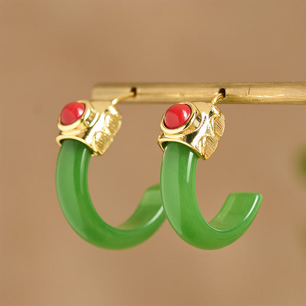 Buddha Stones Round Hoop Design Hetian Jade Copper Plated Gold Abundance Earrings - image 10