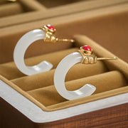 Buddha Stones Round Hoop Design Hetian Jade Copper Plated Gold Abundance Earrings - White Jade - image 5