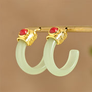 Buddha Stones Round Hoop Design Hetian Jade Copper Plated Gold Abundance Earrings - image 1