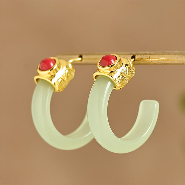Buddha Stones Round Hoop Design Hetian Jade Copper Plated Gold Abundance Earrings - image 1