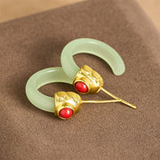 Buddha Stones Round Hoop Design Hetian Jade Copper Plated Gold Abundance Earrings - image 2