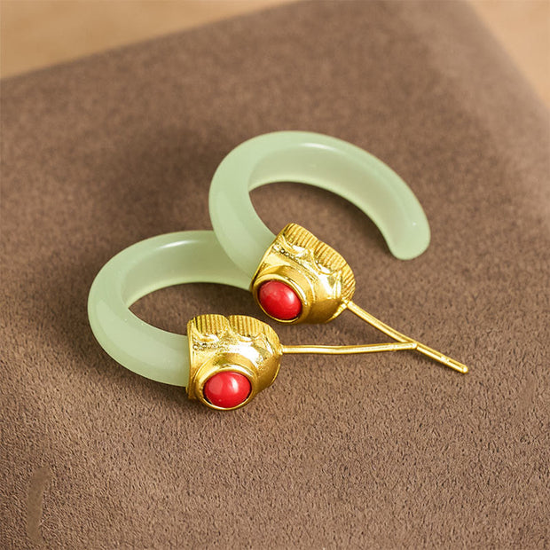 Buddha Stones Round Hoop Design Hetian Jade Copper Plated Gold Abundance Earrings - image 2