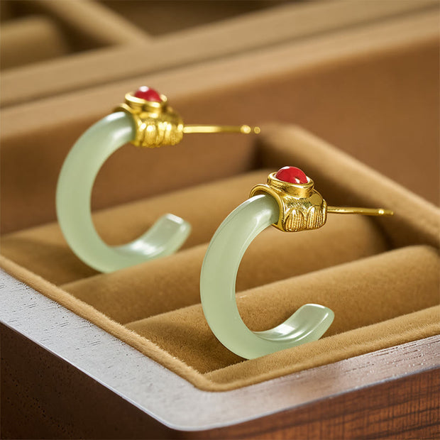 Buddha Stones Round Hoop Design Hetian Jade Copper Plated Gold Abundance Earrings - Jade - image 0