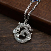 Buddha Stones Tibetan Coiling Dragon Taotie Pattern Copper Plated Silver Necklace Pendant - Coiling Dragon - image 0
