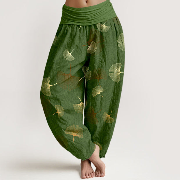 Buddha Stones Cotton Elegant Ginkgo Pattern Women's Elastic Waist Harem Pants - Green - US16，UK/AU20，EU48 (3XL) - image 5