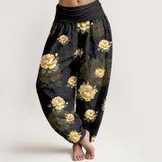 Buddha Stones Cotton Delicate Peony Pattern Women's Elastic Waist Harem Pants - Black - US16，UK/AU20，EU48 (3XL) - image 5