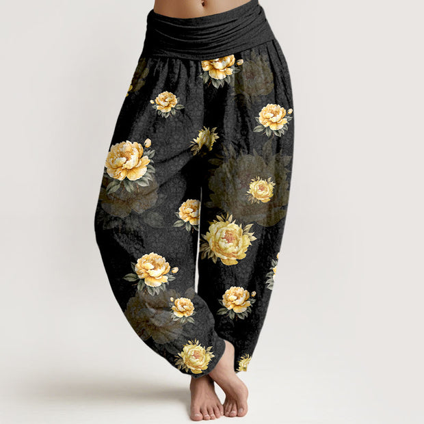 Buddha Stones Cotton Delicate Peony Pattern Women's Elastic Waist Harem Pants - Black - US16，UK/AU20，EU48 (3XL) - image 5
