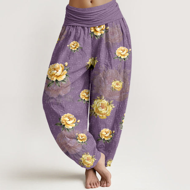 Buddha Stones Cotton Delicate Peony Pattern Women's Elastic Waist Harem Pants - MediumOrchid - US16，UK/AU20，EU48 (3XL) - image 8
