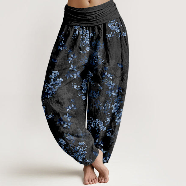 Buddha Stones Cotton Hazy Flower Leaf Pattern Women's Elastic Waist Harem Pants - Black - US16，UK/AU20，EU48 (3XL) - image 0