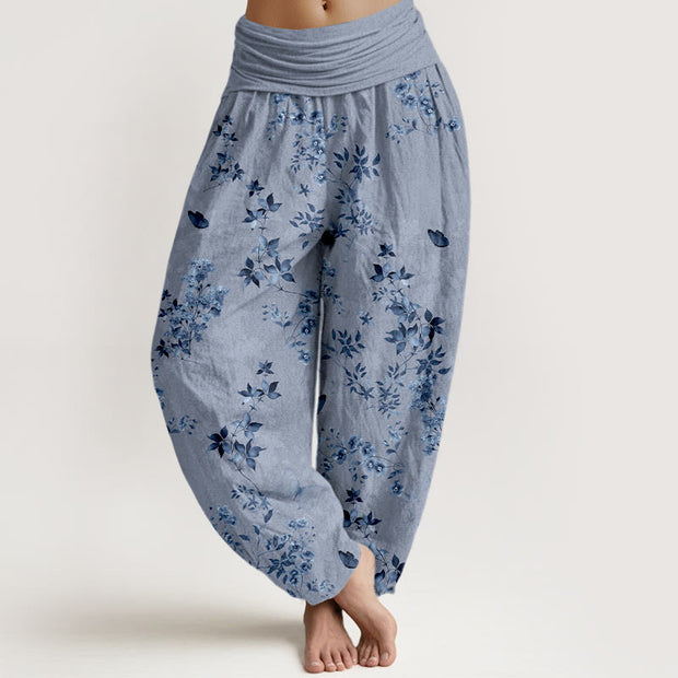 Buddha Stones Cotton Hazy Flower Leaf Pattern Women's Elastic Waist Harem Pants - LightSteelBlue - US16，UK/AU20，EU48 (3XL) - image 8
