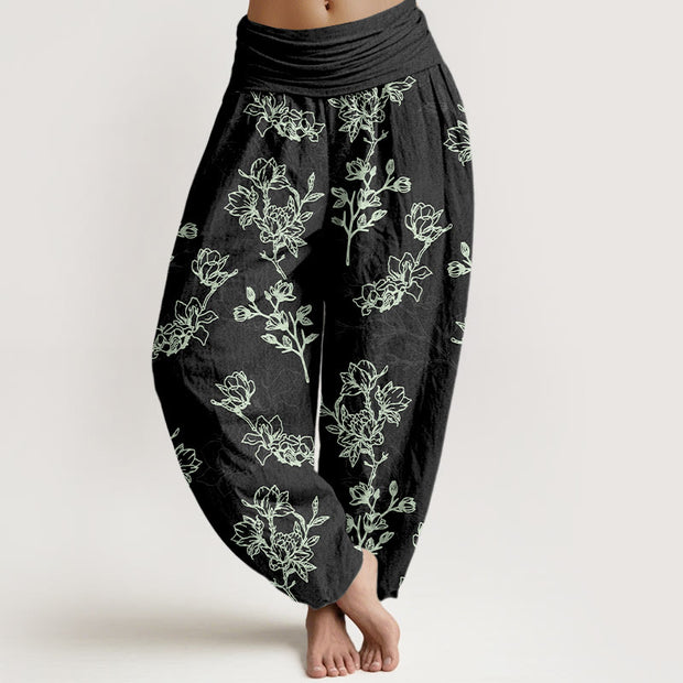 Buddha Stones Cotton Simple Flower Bud Pattern Women's Elastic Waist Harem Pants - Black - US16，UK/AU20，EU48 (3XL) - image 5