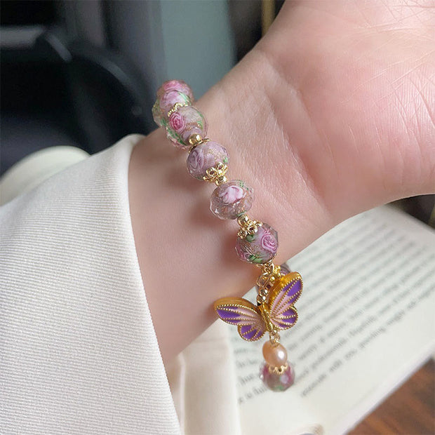Buddha Stones Double Butterflies Charm Flower Liuli Glass Beaded Love Bracelet - image 4
