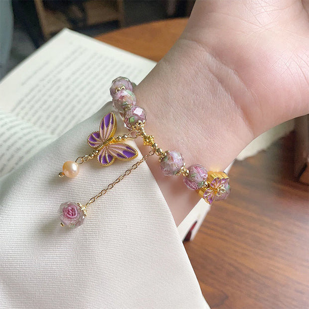 Buddha Stones Double Butterflies Charm Flower Liuli Glass Beaded Love Bracelet - image 5