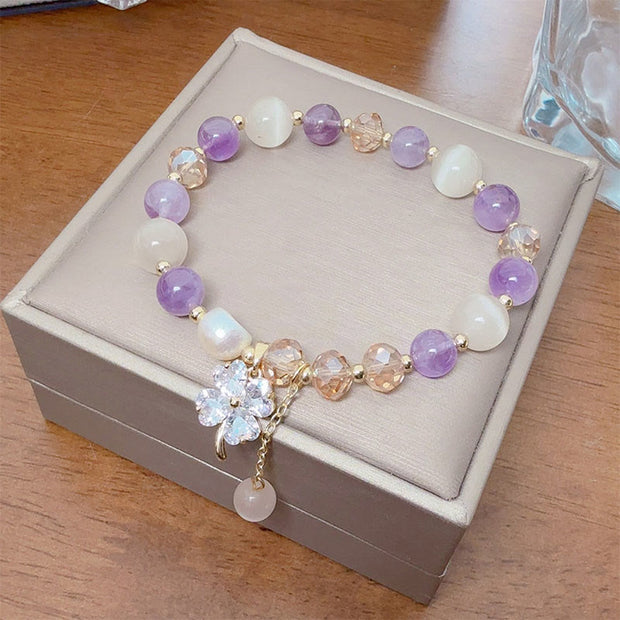 Buddha Stones Four Leaf Clover Charm Amethyst Citrine White Cat's Eye Liuli Beaded Balance Bracelet - image 0