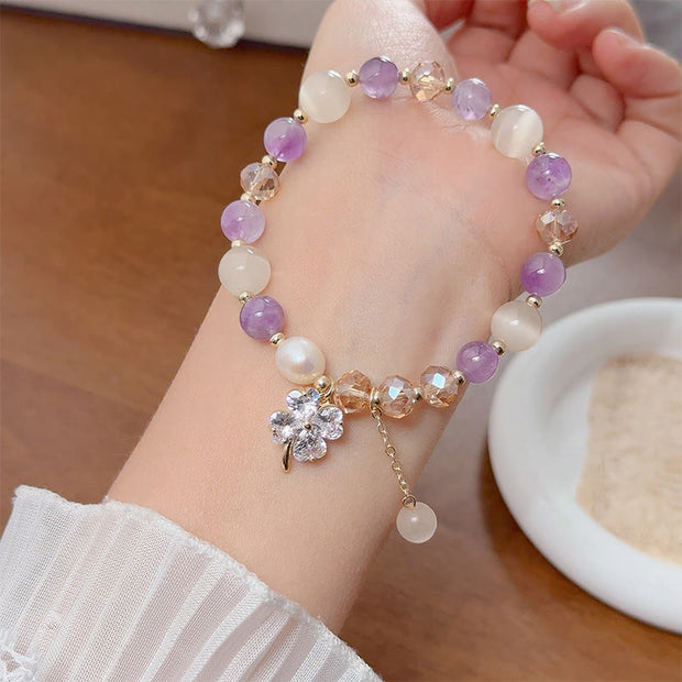 Buddha Stones Four Leaf Clover Charm Amethyst Citrine White Cat's Eye Liuli Beaded Balance Bracelet - image 3