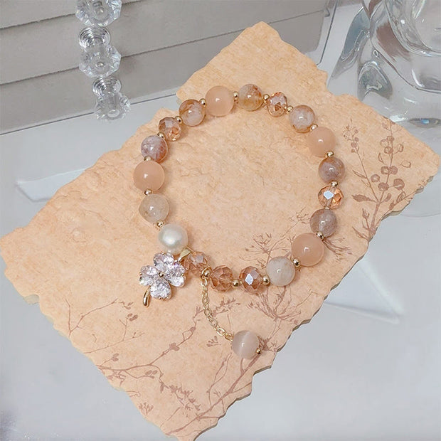 Buddha Stones Four Leaf Clover Charm Amethyst Citrine White Cat's Eye Liuli Beaded Balance Bracelet - image 9