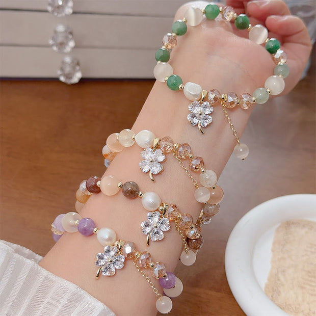 Buddha Stones Four Leaf Clover Charm Amethyst Citrine White Cat's Eye Liuli Beaded Balance Bracelet - image 26