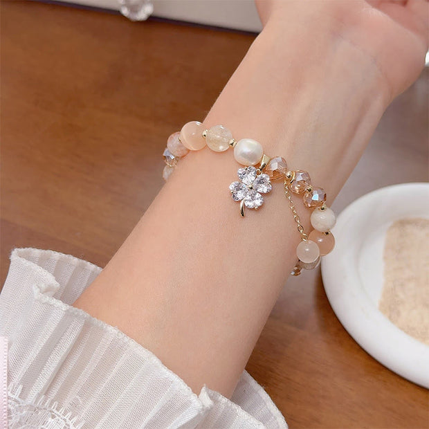 Buddha Stones Four Leaf Clover Charm Amethyst Citrine White Cat's Eye Liuli Beaded Balance Bracelet - image 11