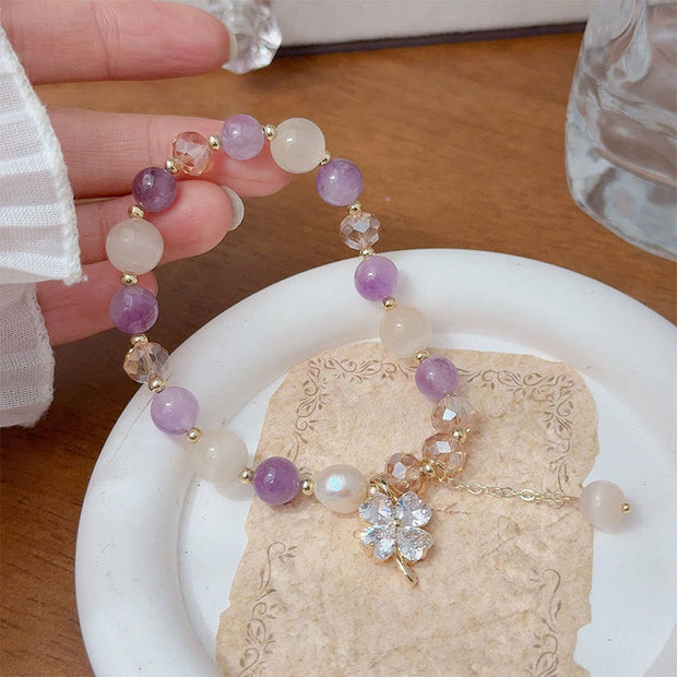Buddha Stones Four Leaf Clover Charm Amethyst Citrine White Cat's Eye Liuli Beaded Balance Bracelet - Amethyst(Wrist Circumference: 15-17cm) - image 1