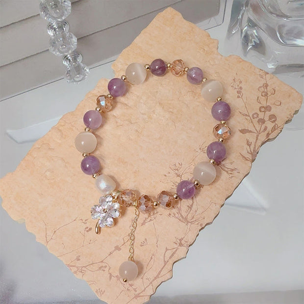 Buddha Stones Four Leaf Clover Charm Amethyst Citrine White Cat's Eye Liuli Beaded Balance Bracelet - image 2