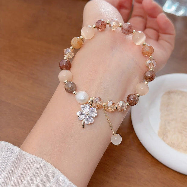 Buddha Stones Four Leaf Clover Charm Amethyst Citrine White Cat's Eye Liuli Beaded Balance Bracelet - image 23