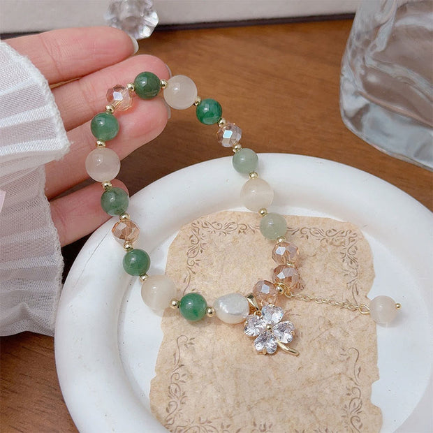 Buddha Stones Four Leaf Clover Charm Amethyst Citrine White Cat's Eye Liuli Beaded Balance Bracelet - Green Strawberry Quartz(Wrist Circumference: 15-17cm) - image 13