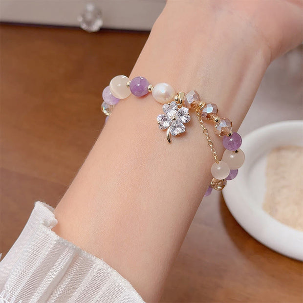 Buddha Stones Four Leaf Clover Charm Amethyst Citrine White Cat's Eye Liuli Beaded Balance Bracelet - image 4