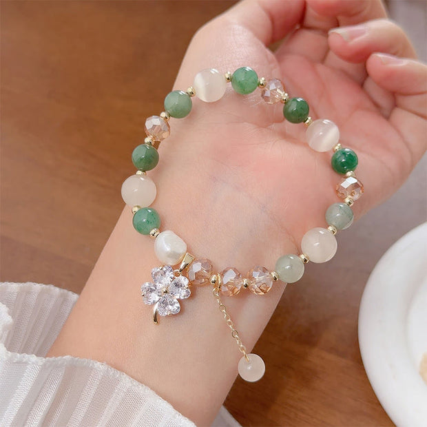 Buddha Stones Four Leaf Clover Charm Amethyst Citrine White Cat's Eye Liuli Beaded Balance Bracelet - image 16