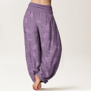 Buddha Stones Cotton Neatly Arranged Checkered Leaf Pattern Women's Elastic Waist Harem Pants - image 9