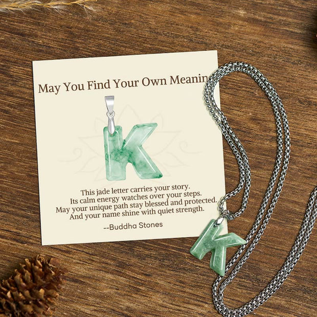 Buddha Stones "May You Find Your Own Meaning" Natural A-Z Letter Jade Titanium Steel Chain 925 Sterling Silver Chain Necklace Includes Gift Message Card - K - Titanium Steel Chain(One Pendant) - Standard Gift Box - image 51