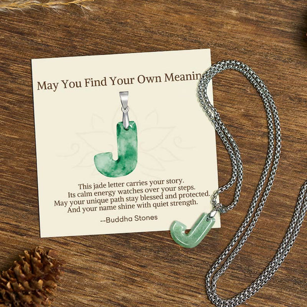 Buddha Stones "May You Find Your Own Meaning" Natural A-Z Letter Jade Titanium Steel Chain Necklace Includes Gift Message Card - J - Titanium Steel Chain(One Pendant) - Standard Gift Box - image 47