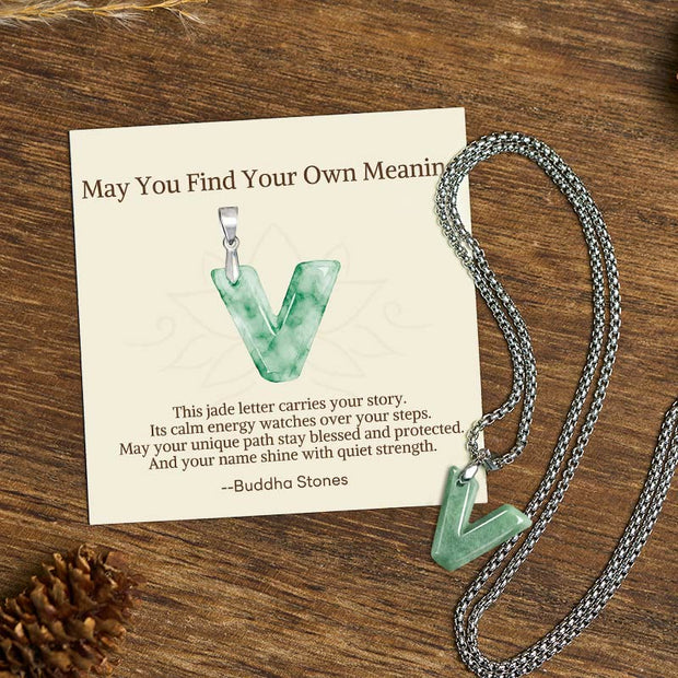 Buddha Stones "May You Find Your Own Meaning" Natural A-Z Letter Jade Titanium Steel Chain 925 Sterling Silver Chain Necklace Includes Gift Message Card - V - Titanium Steel Chain(One Pendant) - Standard Gift Box - image 95
