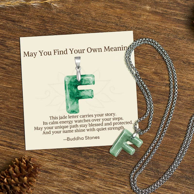 Buddha Stones "May You Find Your Own Meaning" Natural A-Z Letter Jade Titanium Steel Chain Necklace Includes Gift Message Card - F - Titanium Steel Chain(One Pendant) - Standard Gift Box - image 31