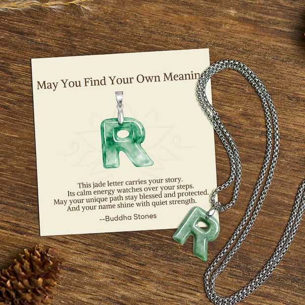 Buddha Stones "May You Find Your Own Meaning" Natural A-Z Letter Jade Titanium Steel Chain 925 Sterling Silver Chain Necklace Includes Gift Message Card - R - Titanium Steel Chain(One Pendant) - Standard Gift Box - image 79