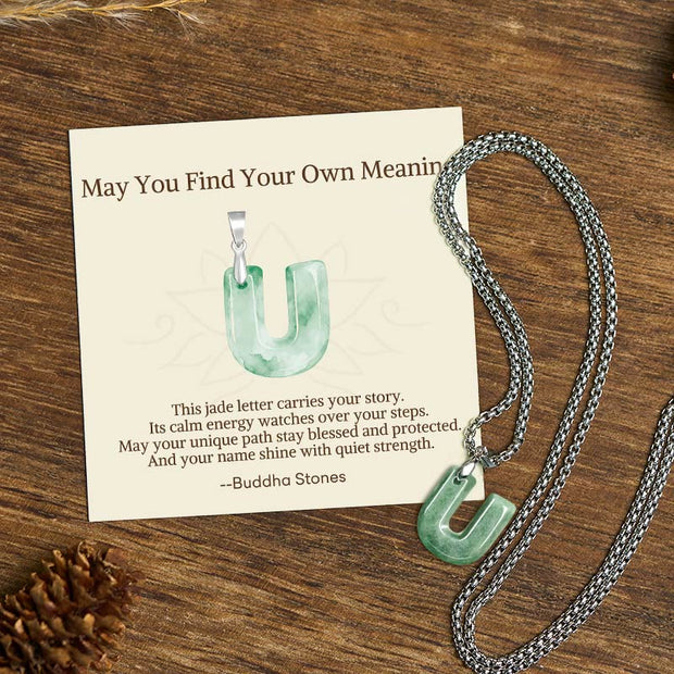 Buddha Stones "May You Find Your Own Meaning" Natural A-Z Letter Jade Titanium Steel Chain 925 Sterling Silver Chain Necklace Includes Gift Message Card - U - Titanium Steel Chain(One Pendant) - Standard Gift Box - image 91