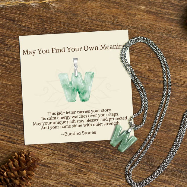 Buddha Stones "May You Find Your Own Meaning" Natural A-Z Letter Jade Titanium Steel Chain 925 Sterling Silver Chain Necklace Includes Gift Message Card - W - Titanium Steel Chain(One Pendant) - Standard Gift Box - image 99