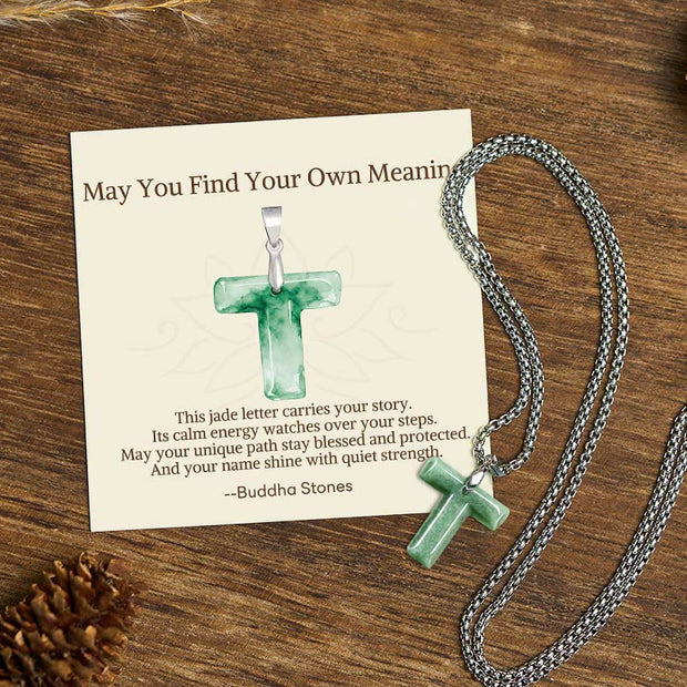 Buddha Stones "May You Find Your Own Meaning" Natural A-Z Letter Jade Titanium Steel Chain 925 Sterling Silver Chain Necklace Includes Gift Message Card - T - Titanium Steel Chain(One Pendant) - Standard Gift Box - image 87