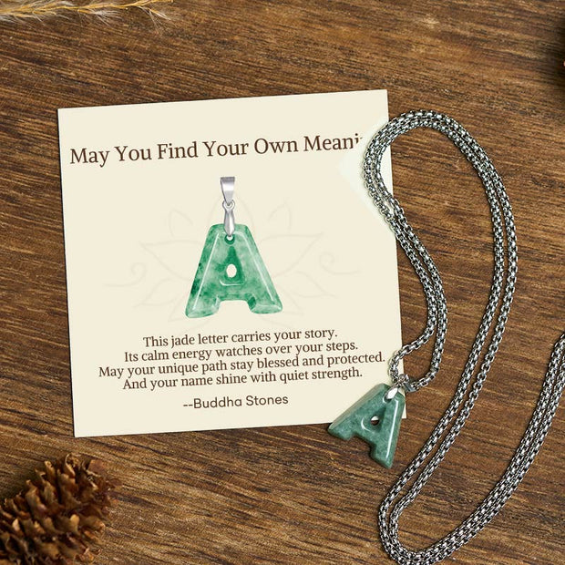 Buddha Stones "May You Find Your Own Meaning" Natural A-Z Letter Jade Titanium Steel Chain 925 Sterling Silver Chain Necklace Includes Gift Message Card - A - Titanium Steel Chain(One Pendant) - Standard Gift Box - image 1