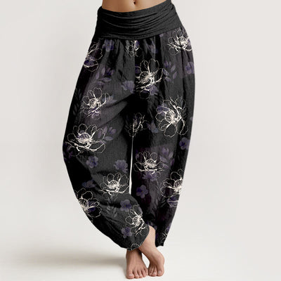 Buddha Stones Cotton Exquisite Retro Flower Pattern Women's Elastic Waist Harem Pants - Black - US16，UK/AU20，EU48 (3XL) - image 0