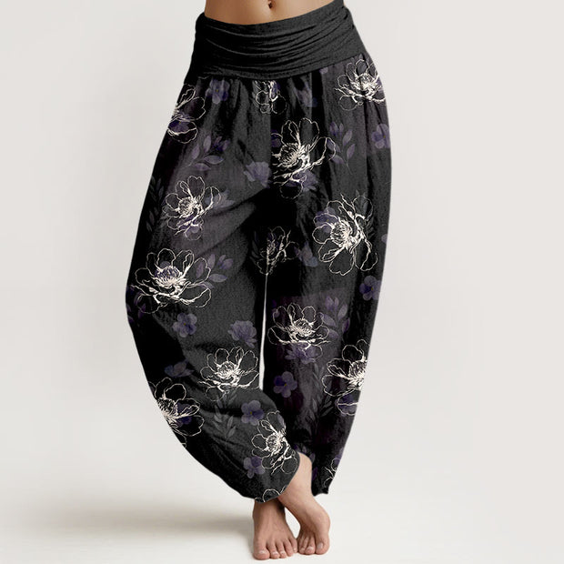 Buddha Stones Cotton Exquisite Retro Flower Pattern Women's Elastic Waist Harem Pants - Black - US16，UK/AU20，EU48 (3XL) - image 0