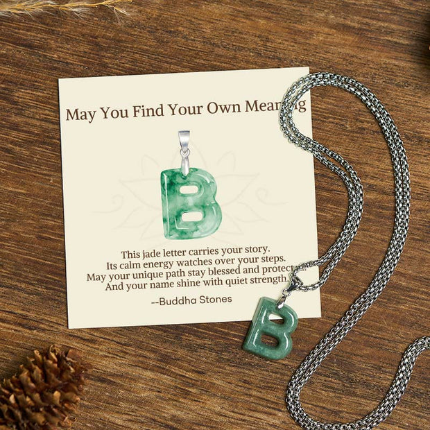 Buddha Stones "May You Find Your Own Meaning" Natural A-Z Letter Jade Titanium Steel Chain 925 Sterling Silver Chain Necklace Includes Gift Message Card - B - Titanium Steel Chain(One Pendant) - Standard Gift Box - image 12