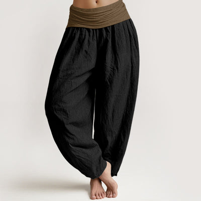 Buddha Stones Cotton Black Green Tan Solid Color Women's Elastic Waist Harem Pants - Black - US16，UK/AU20，EU48 (3XL) - image 0