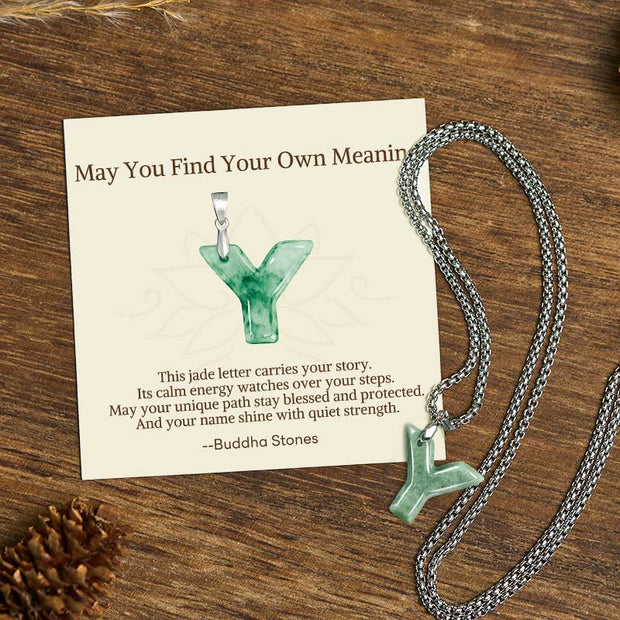 Buddha Stones "May You Find Your Own Meaning" Natural A-Z Letter Jade Titanium Steel Chain 925 Sterling Silver Chain Necklace Includes Gift Message Card - Y - Titanium Steel Chain(One Pendant) - Standard Gift Box - image 107
