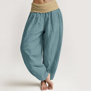 Buddha Stones Cotton Brown Blue Black Solid Color Women's Elastic Waist Harem Pants - CadetBlue - US16，UK/AU20，EU48 (3XL) - image 5