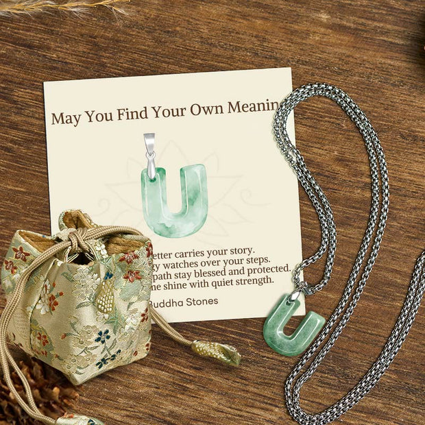 Buddha Stones "May You Find Your Own Meaning" Natural A-Z Letter Jade Titanium Steel Chain Necklace Includes Gift Message Card - U - Titanium Steel Chain(One Pendant) - Deluxe Gift Bag (+$9.59) - image 94