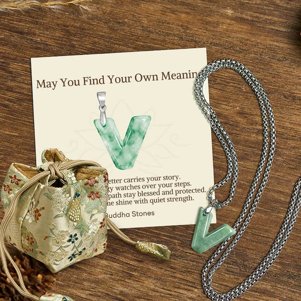 Buddha Stones "May You Find Your Own Meaning" Natural A-Z Letter Jade Titanium Steel Chain 925 Sterling Silver Chain Necklace Includes Gift Message Card - V - Titanium Steel Chain(One Pendant) - Deluxe Gift Bag (+$9.59) - image 98