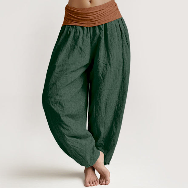 Buddha Stones Cotton Green Black Brown Red Solid Color Women's Elastic Waist Harem Pants - DarkGreen - US16，UK/AU20，EU48 (3XL) - image 0