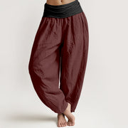 Buddha Stones Cotton Green Black Brown Red Solid Color Women's Elastic Waist Harem Pants - DarkRed - US16，UK/AU20，EU48 (3XL) - image 11