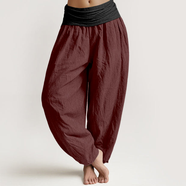 Buddha Stones Cotton Green Black Brown Red Solid Color Women's Elastic Waist Harem Pants - DarkRed - US16，UK/AU20，EU48 (3XL) - image 11