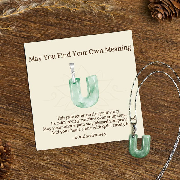 Buddha Stones "May You Find Your Own Meaning" Natural A-Z Letter Jade Titanium Steel Chain 925 Sterling Silver Chain Necklace Includes Gift Message Card - U - Titanium Steel Chain&Silver Chain(One Pendant) - Standard Gift Box - image 189